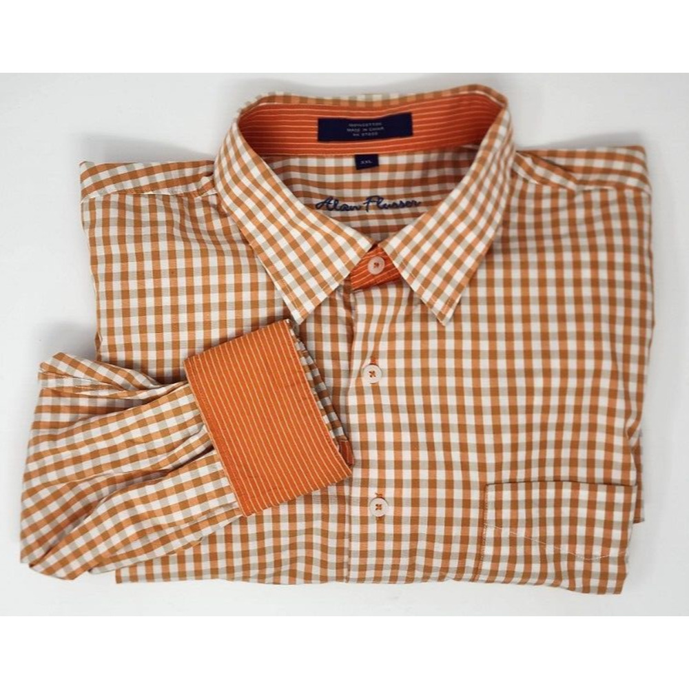 Alan Flusser Orange and White Gingham Button-Down Shirt with Contrasting Trim